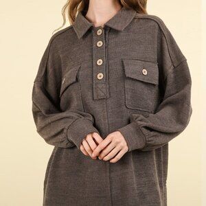 VERY J Charcoal Collared Half Button Knit Top with Pockets